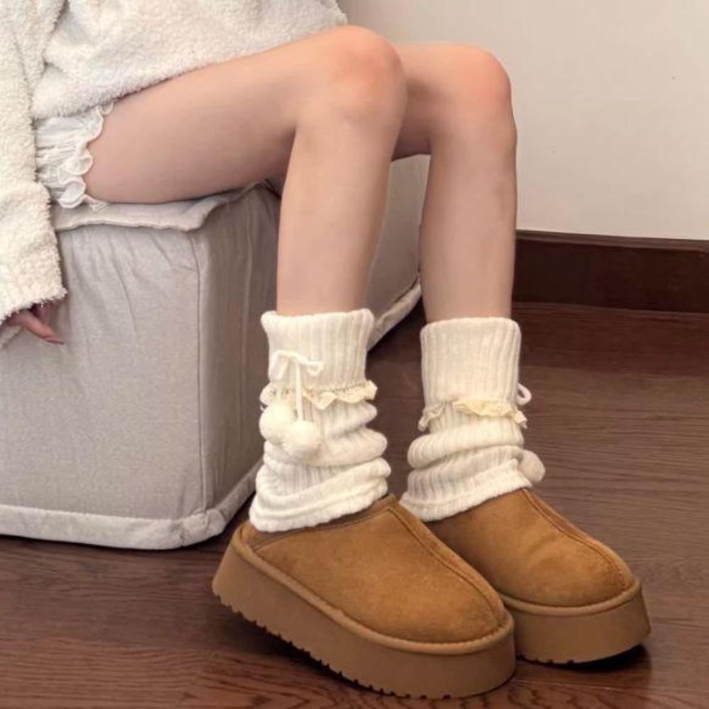 1 Pair Stretchy Fit Pom Pom Leg Warmer Slouch Silhouette Lace Slouch Sock Jk Uniform Lolita Outfit