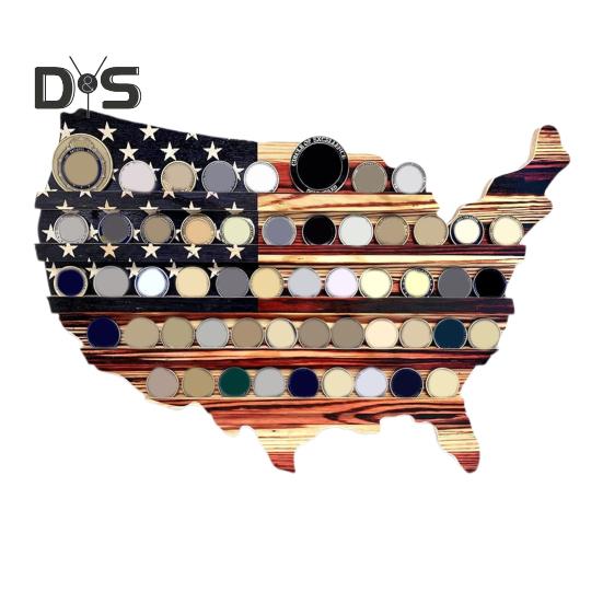 Challenge Coin Display Stand Wooden American Flag USA Map Shape Coin Holder Vintage Wall Mounted Coin Display Stand for Veterans Patriotic Souvenirs