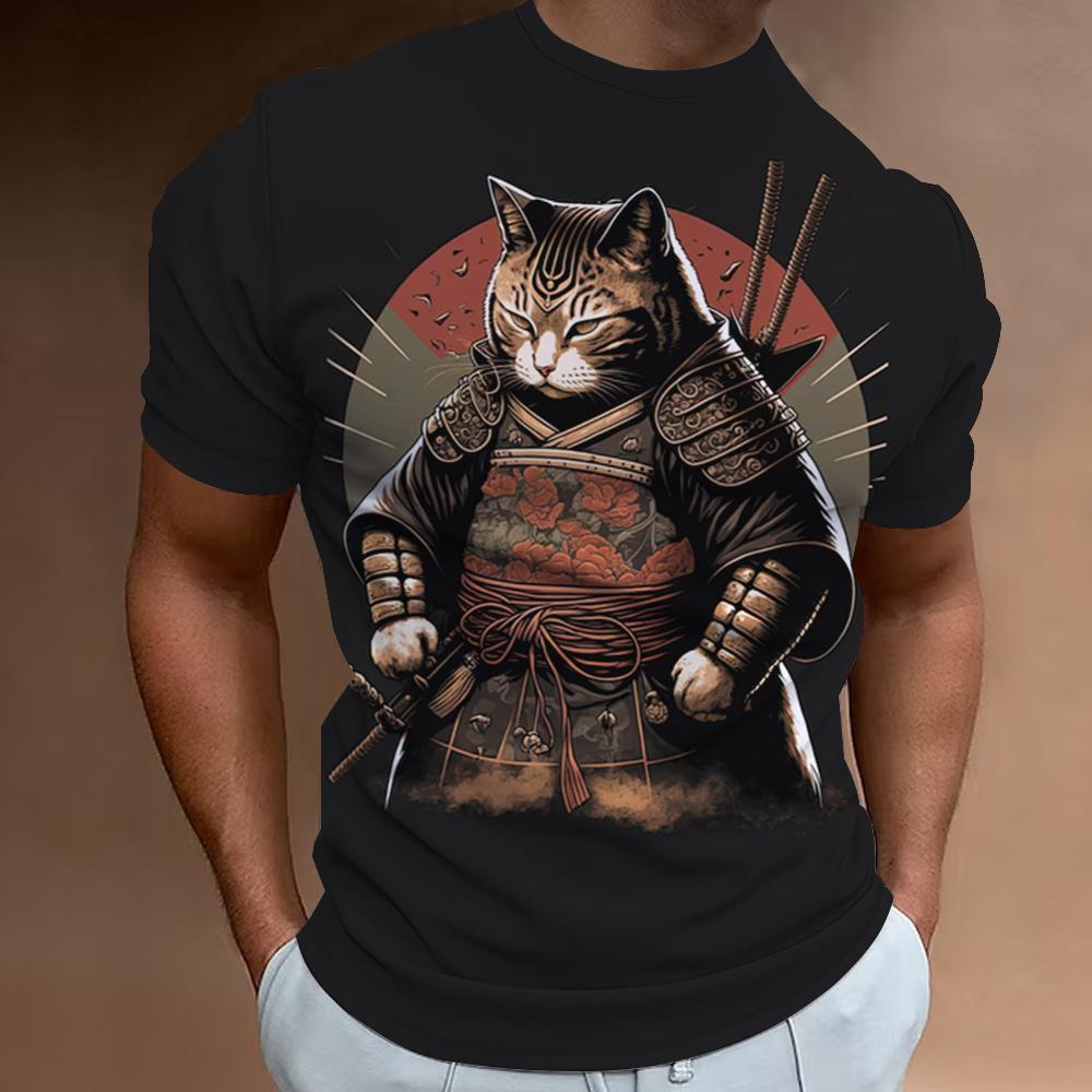 Новая мужская футболка в стиле ретро с 3d принтом самурая и кота, футболка с короткими рукавами для мужчин, модная мужская одежда больших размеров, быстросохнущие футболки, топы 2024