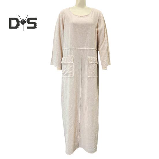 Женское платье с длинными рукавами, свободное однотонное длинное платье с карманами, ретро-стиль, платье трапециевидной формы с круглым вырезом для офиса, повседневной жизни, пляжной вечеринки