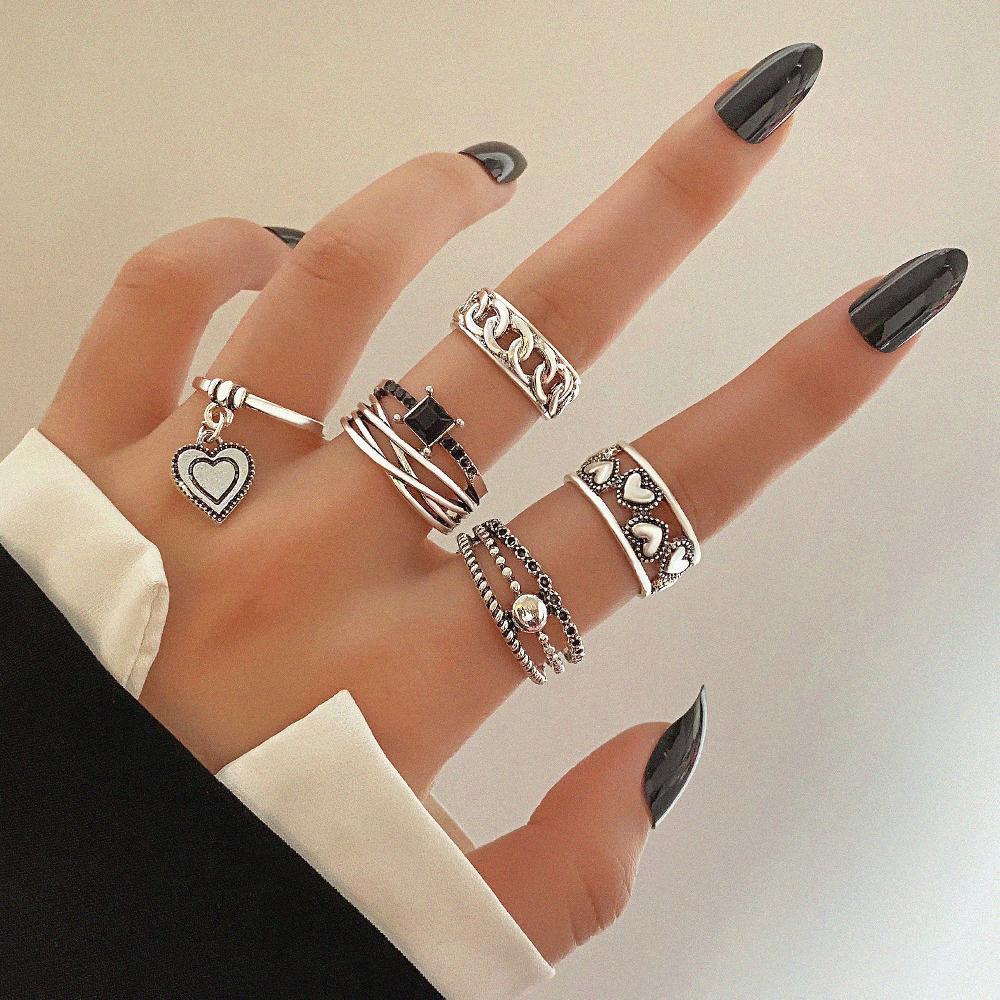 Korean Simple Vintage Franc Ring Carved Elegant Women Love Pendant Couple Ring Set Student Lovely Sexy Ring Festival Gift