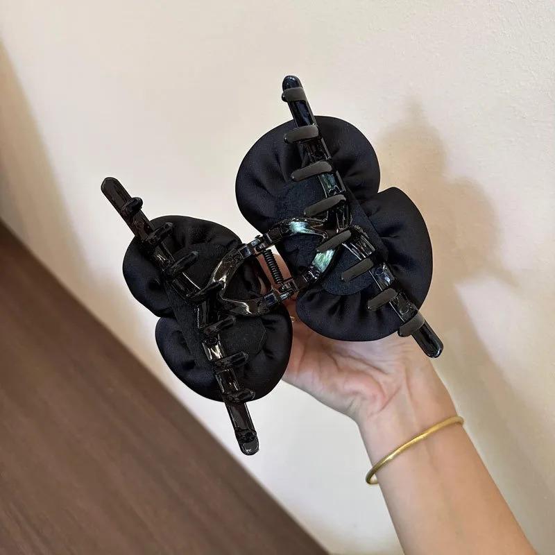 French Big Double Rose Flower Hair Claw Clips for Women Girls Vintage Satin Solid Fabric Handmade Shark Hairgrip Accessories