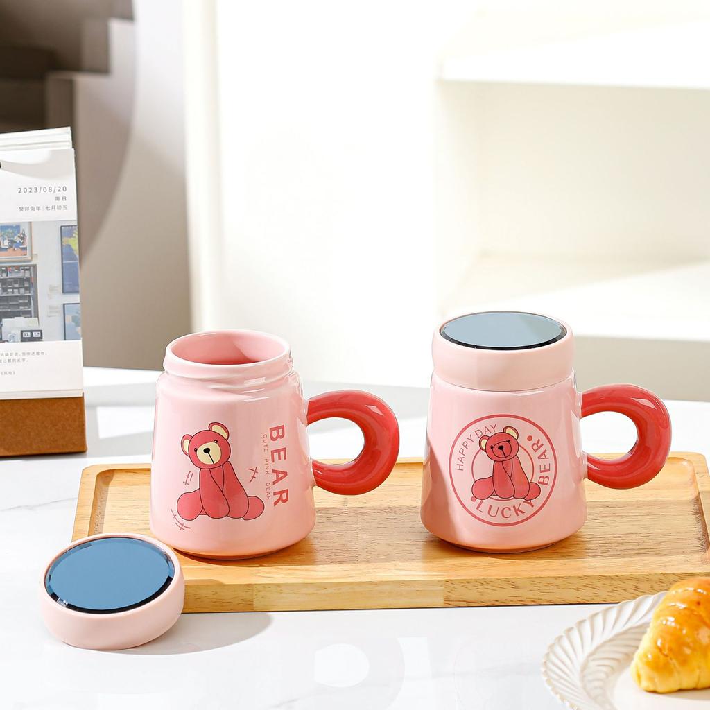 Милая мультяшная керамическая чашка с розовым медведем, зеркальная чашка, парная кружка, домашняя крышка, чашка для воды, рекламный подарочный стакан