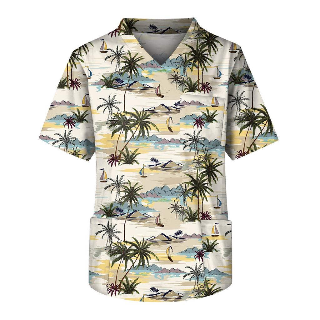Men's Short Sleeve V-Neck Summer Print Chest Pocket Care Worker Top