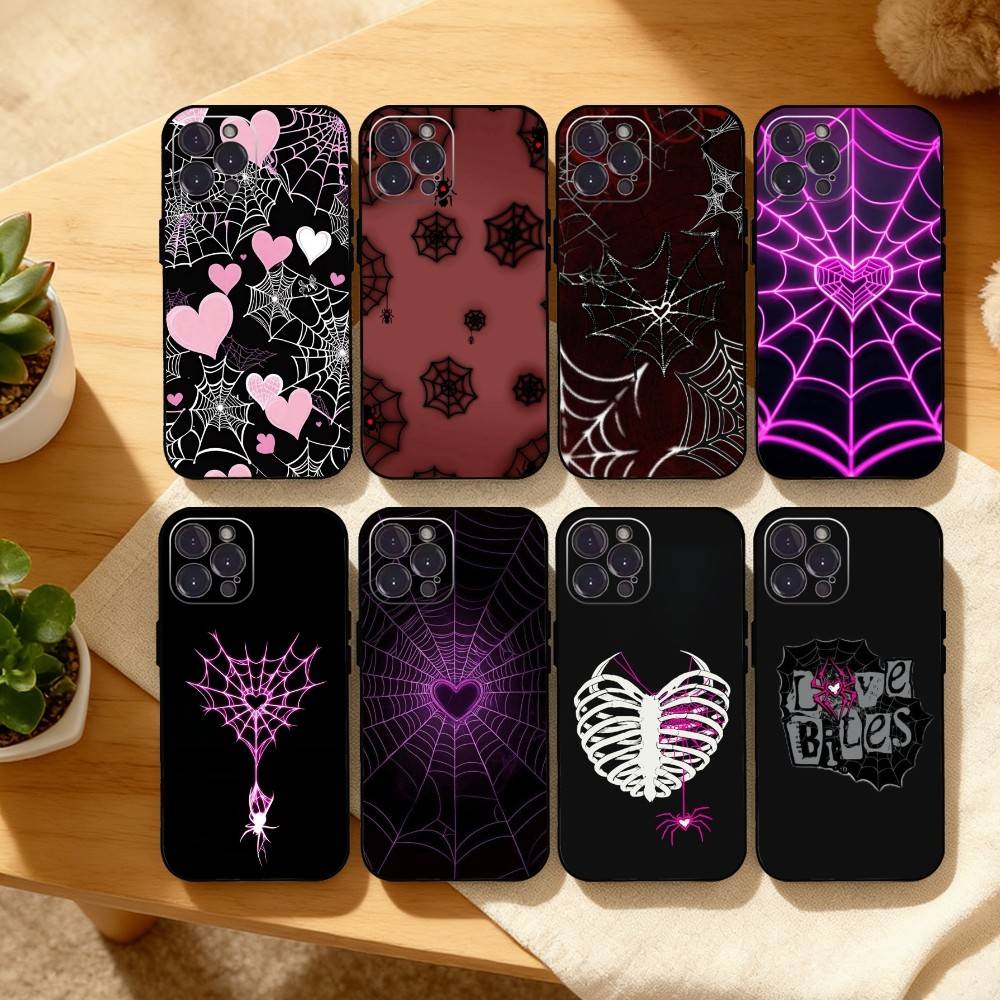 Крутой чехол для телефона с рисунком S-Паутина H-Сердце для iPhone17,16,15,14,13,12Plus,Pro Max,XS,5G Мягкий силикон Черный чехол