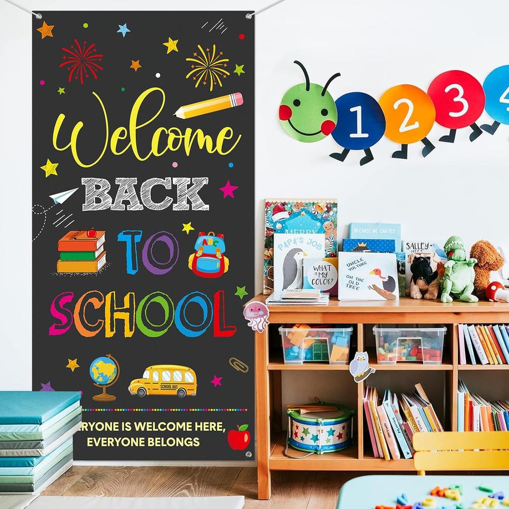 Back To School Banner Welcome Back To School Door Cover Backdrop Polyester Hanging Banner Front Door Porch Sign for First Day