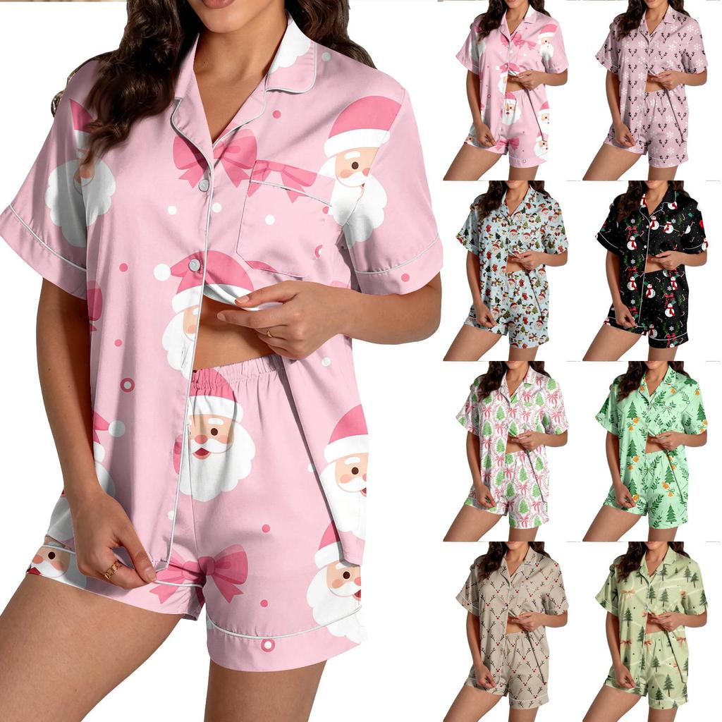 Women's Christmas Pajama Set with Short-Sleeve Button-Down Shirt and Shorts