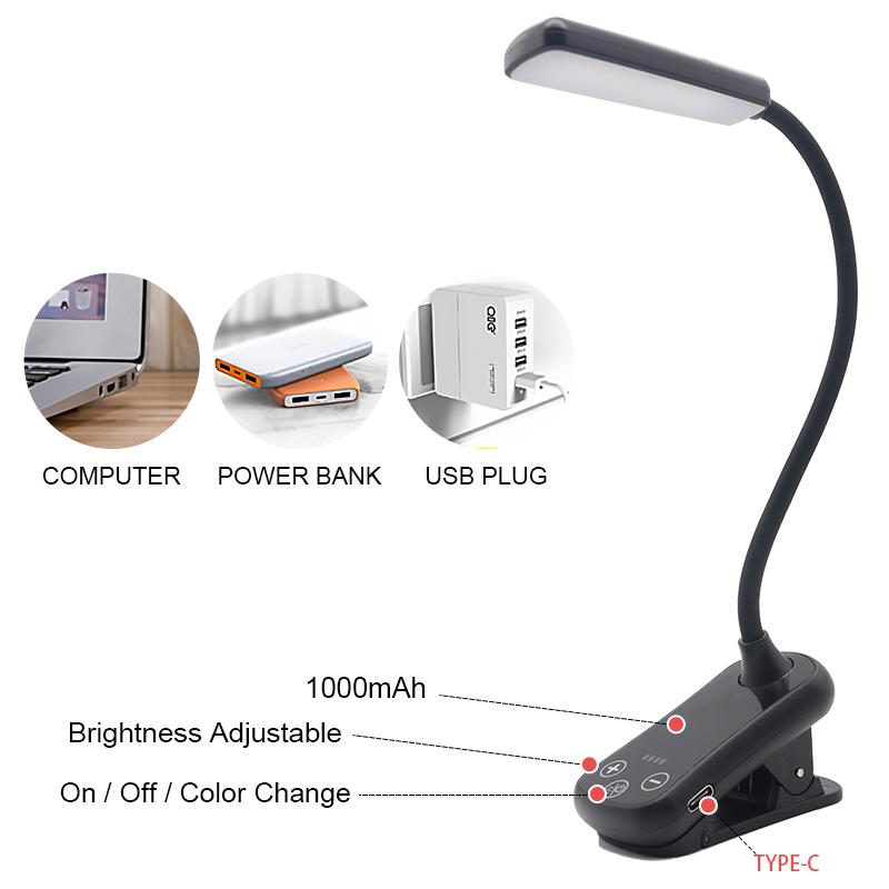 Современный мини-зажим на гибкой гибкой стойке с 8 уровнями яркости USB Type-C перезаряжаемые светодиодные лампы для чтения книг для