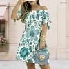 Women Plus Size Off Shoulder Short Sleeve Tie Cuff White Pink Floral Printed A Line Dress