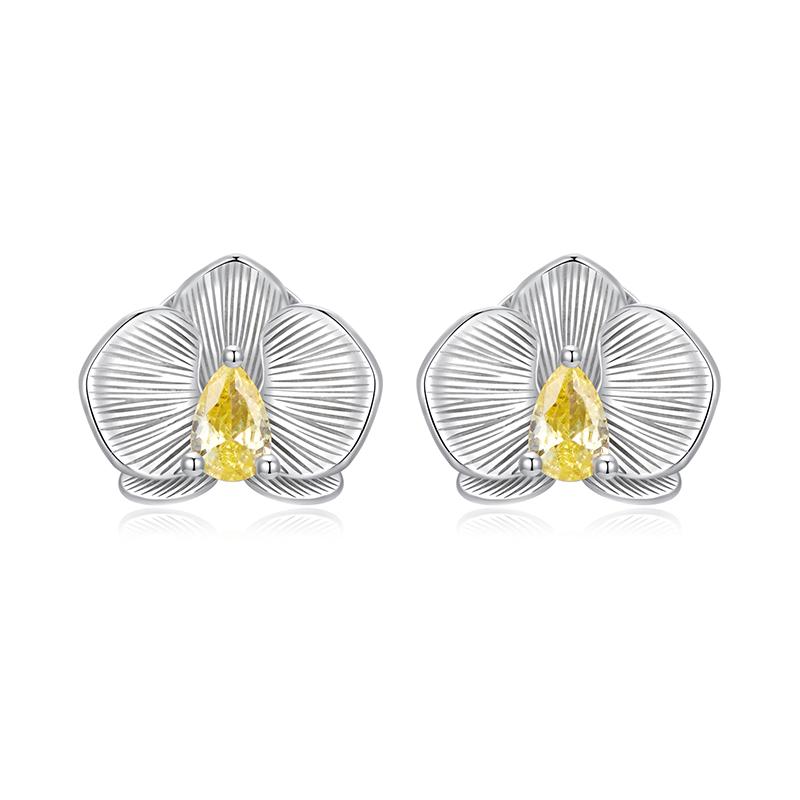 WOSTU 925 Silver Yellow Zircon Flower Open Ring Citrine Stud Earrings For Women Wedding Jewelry Set Girl Mom's Birthday Gift