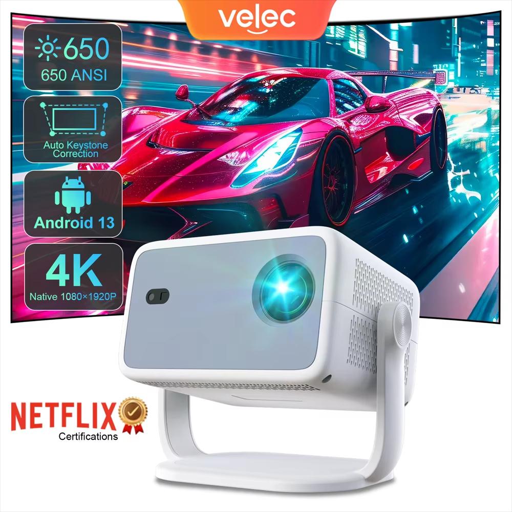 Сертификация Velec Netflix Проектор Android 13 4K Native 1080P 650ANSI с автофокусом Wifi6 BT5.2 360° Домашний уличный проектор