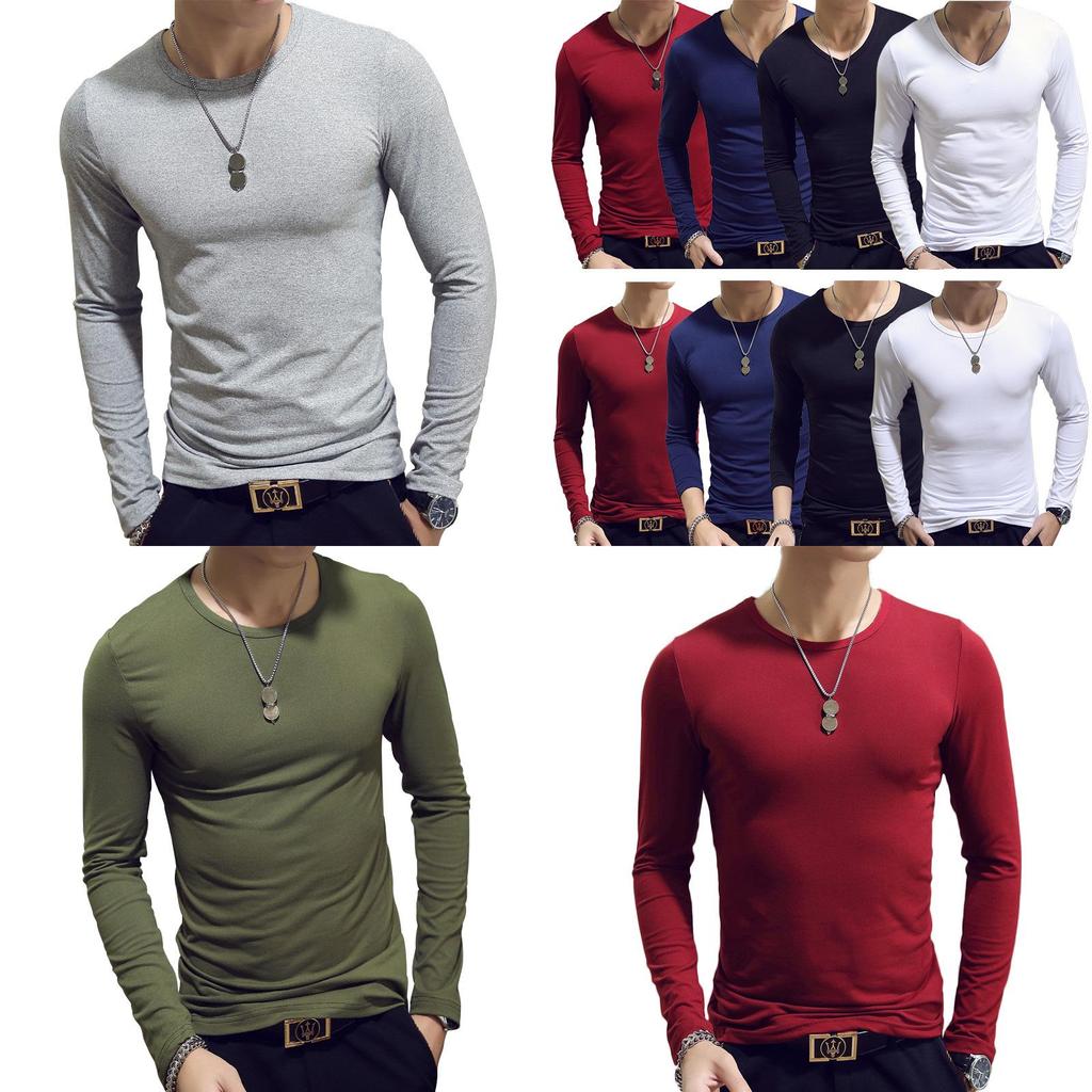 Elegant Solid Color Slim Fit Long-sleeved T-shirt For Men Fashionable And Comfortable