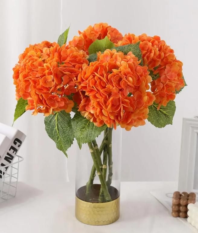 3 Pc Artificial Orange Hydrangea Flowers Faux Silk Floral Arrangement for Home Decor Wedding Decor Long-Lasting Wilt-Free Display