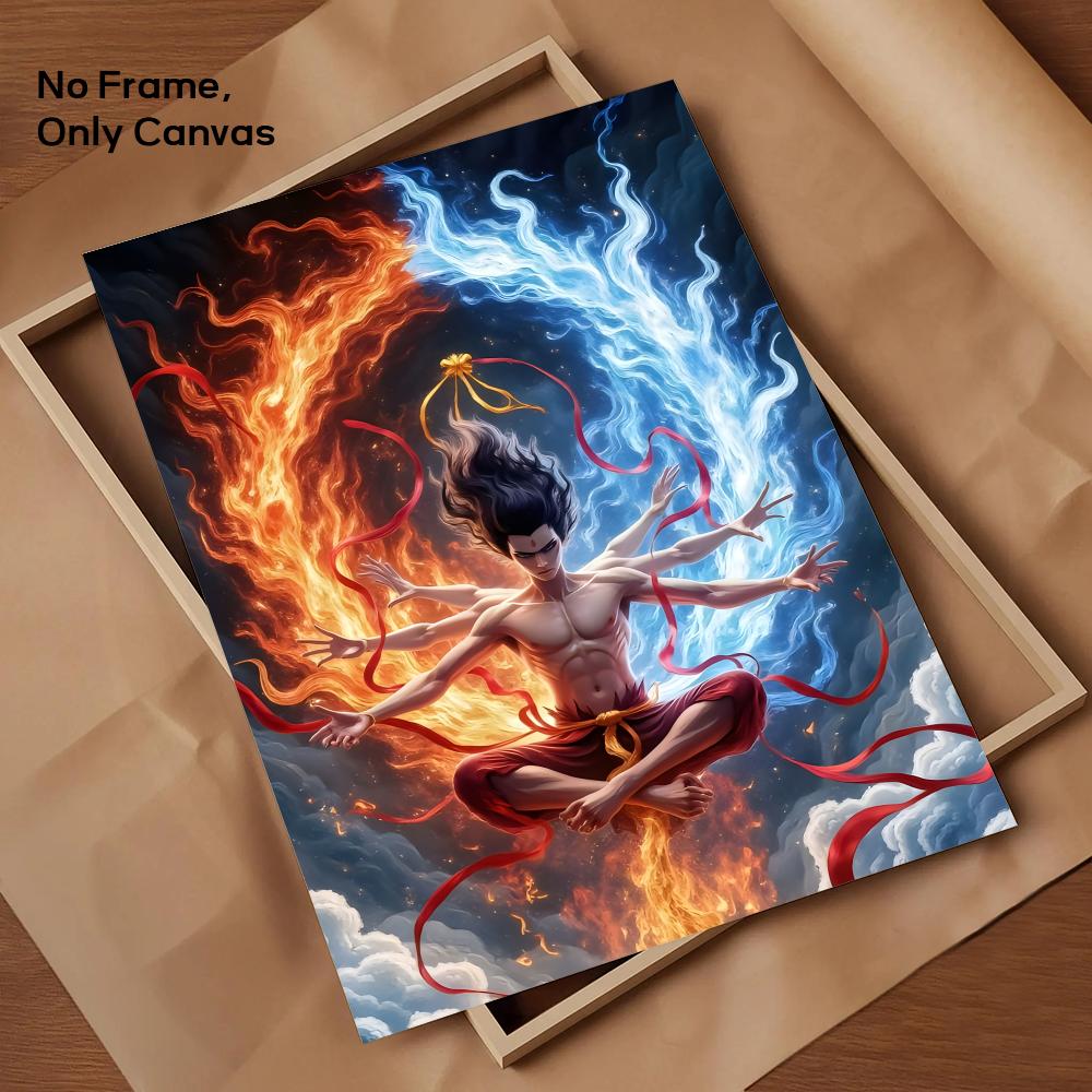 Chinese Anim Nezha Painting Calligraphy HD Canvas Poster living room bedroom bar aesthetic decoration