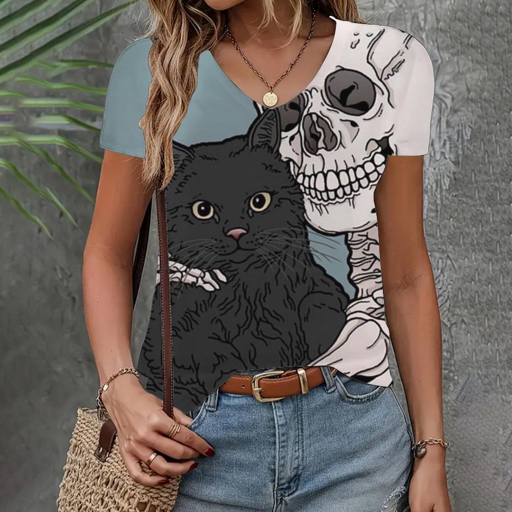 Летняя женская футболка с V-образным вырезом, модный тренд, одежда с коротким рукавом, топ с рисунком кошки, свободная женская футболка с коротким рукавом