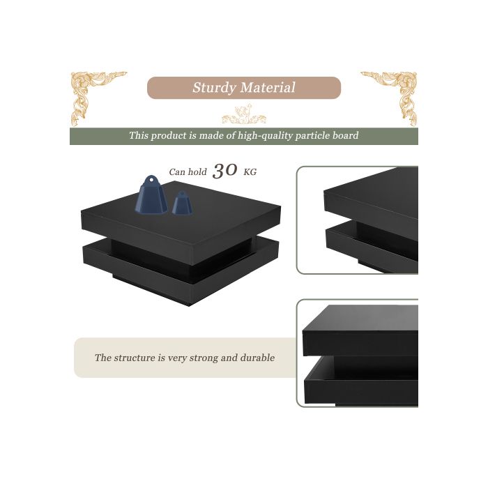 Table basse carrée noire - style technologique moderne avec éclairage LED 16 couleurs, 70x70x36 cm, charge max. 45kg