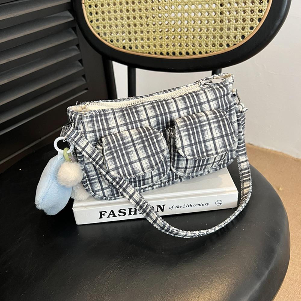 Designer Plaid Shoulder Bag Multi Pocket Women Handbag Korean Striped Armpit Bag Daily
