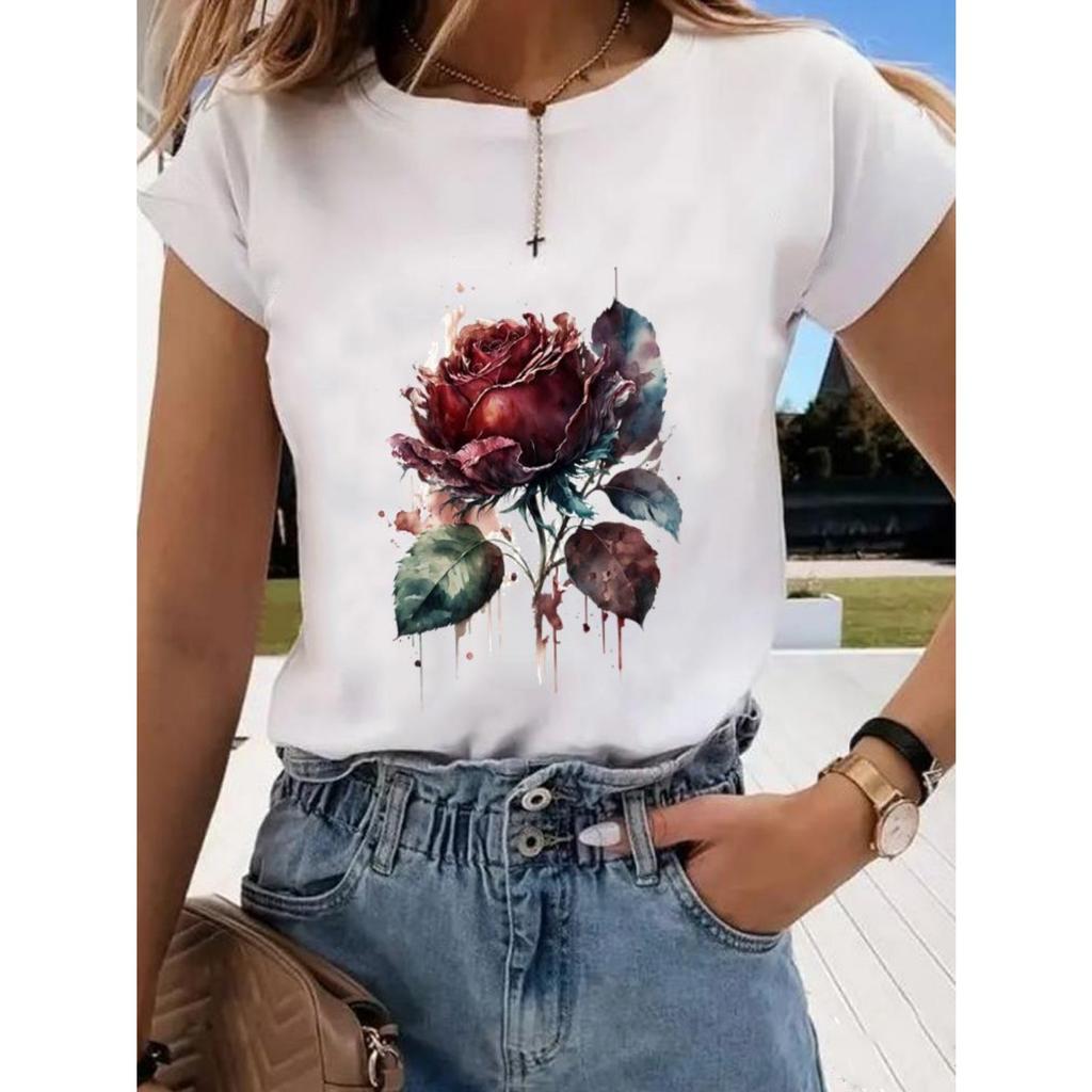 Floral Sweet and Cute Fashion Printing Women's O-neck Clothes T-shirt Short-sleeved Casual Daily Top
