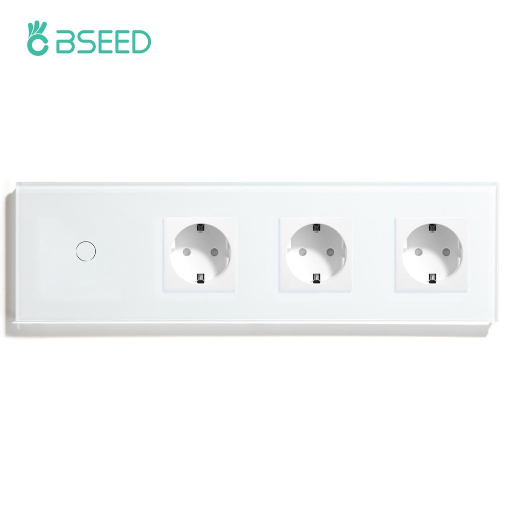 BSEED 1/2/3-клавишный сенсорный выключатель света 1/2/3-сторонний сенсорный выключатель для лестницы плюс настенная розетка, стандарт ЕС, стеклянная панель, синяя подсветка, 10А
