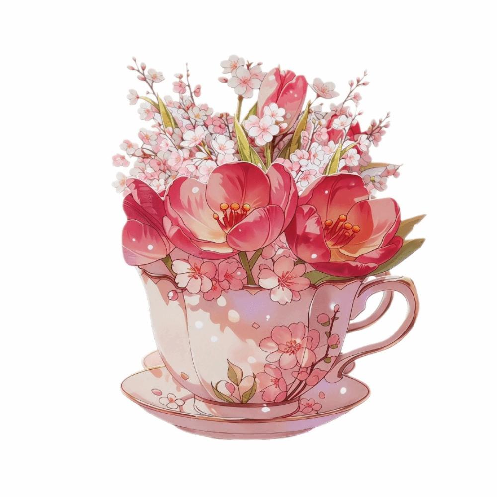 Paper Sculpture Flowers Teacup Greeting Card Surprise Gifts 3D Pop Up Bouquet Card Mother's Day