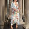 Women Dress Multi-layered Hem Lace-up Slim Waist Colorful Printing Maxi Dress Mid Sleeve V Neck Vacation Party Dress