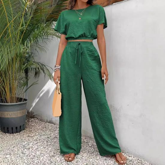 Комплект из 2 предметов: топы и брюки, О-образный вырез, короткий рукав, эластичный подол, повседневный свободный крой, однотонный, с высокой талией, длинные брюки