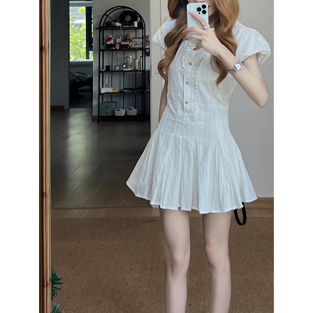 Белые рукава-буфы, рубашка-платье с воротником поло, женское летнее лето на талии, А-силуэтная плиссированная юбка, юбка в стиле преппи