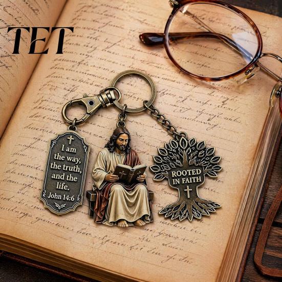 Tree of Life Pendant 3-In-1 Jesus Reading Keychain, Vintage Man Scripture Baptismal Keychain Car Key Ring Handbag Charm, Gift for Christian