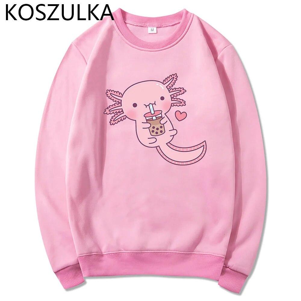 Забавные женские милые толстовки с капюшоном «Аксолотль любит пузырьковый чай» Толстовка с принтом Свободная толстовка с капюшоном большого размера с мультяшным принтом Уличная одежда Розовая одежда