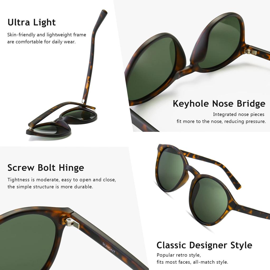 Классические винтажные круглые поляризованные солнцезащитные очки в стиле ретро UV400 SGT166HUPOKMOLV JP [SUNGAIT] женские мужские (Янтарная оправа/зеленые линзы)