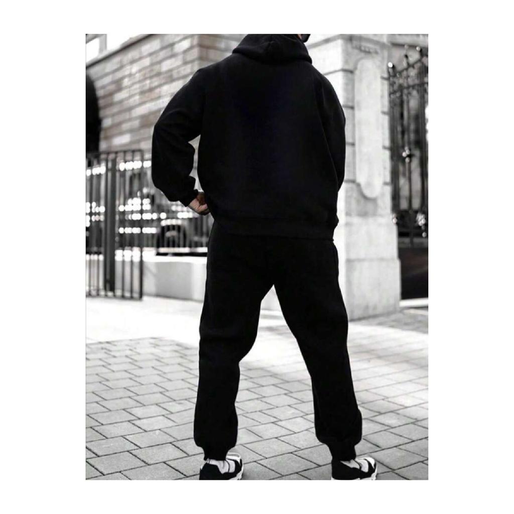 Черный мужской базовый эластичный спортивный костюм с капюшоном и принтом зверя, черный мужской комплект из хлопка с принтом