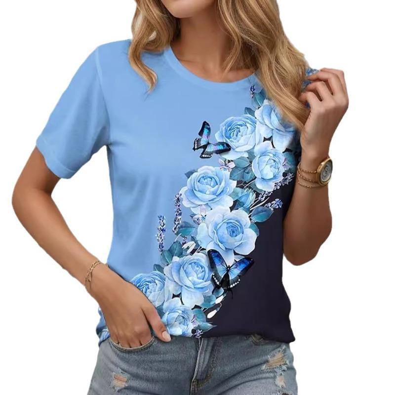 Summer Simple Comfortable Women's Commuting Round Neck Short Sleeved 3D Colorful Flowers Printed Plus Size T-shirt