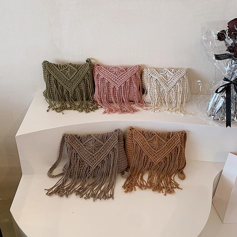 Fashion Casual Cotton Bag Hollow Tassel Beach Bag Flap Hand Woven Bag Cotton Rope Shoulder Crossbody Bag For Women