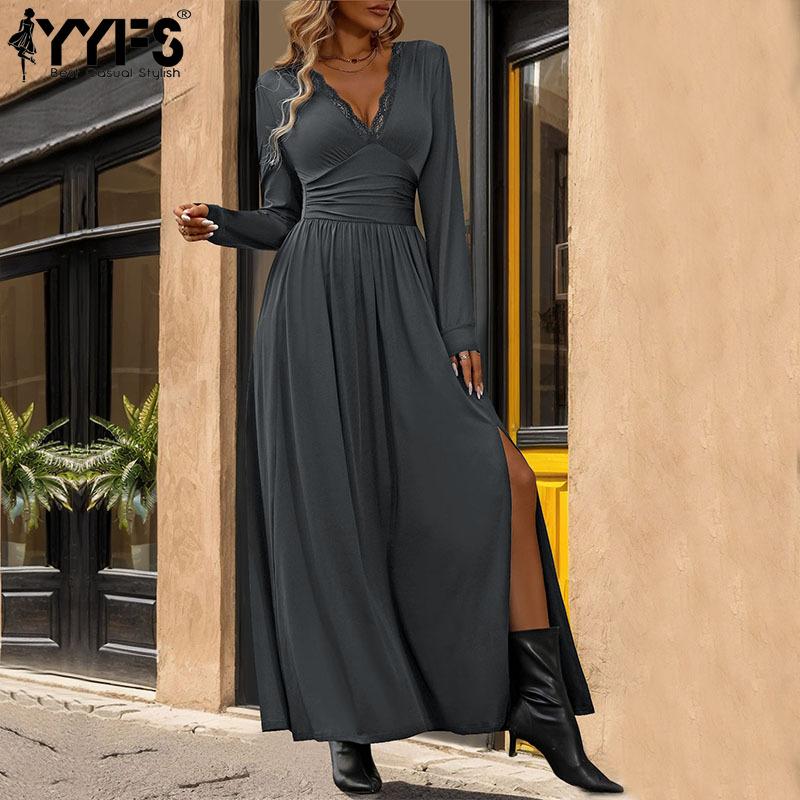 YYFS Женская мода осень-зима сплошной цвет печати с длинным рукавом V-образным вырезом с высокой талией повседневные платья
