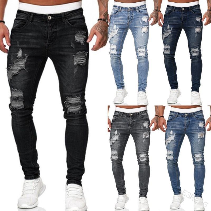 European And American Men'S Pants With Holes, Worn White, Slim Fit Denim Pants, Fashionable Small Leg Pants For Men