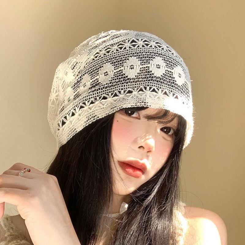 Women's Floral Lace Hollow Head Wrap Hat Spring Summer Thin Breathable Slouchy Hat Korean Style Versatile Face Slimming Beanie