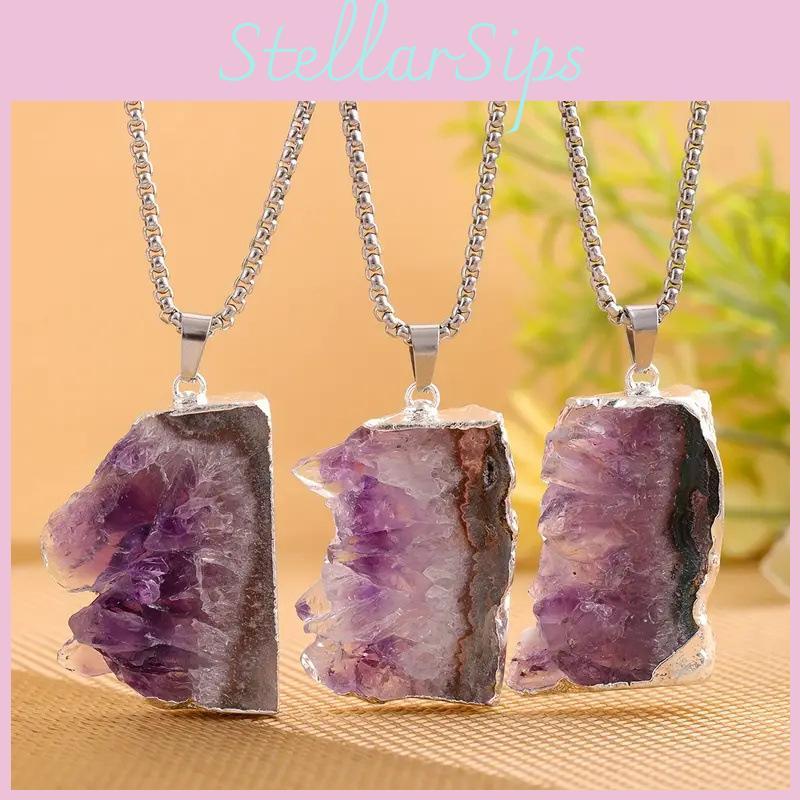 Natural Amethyst Crystal Pendant With Gold Edge For Handmade Jewelry And Gift Idea