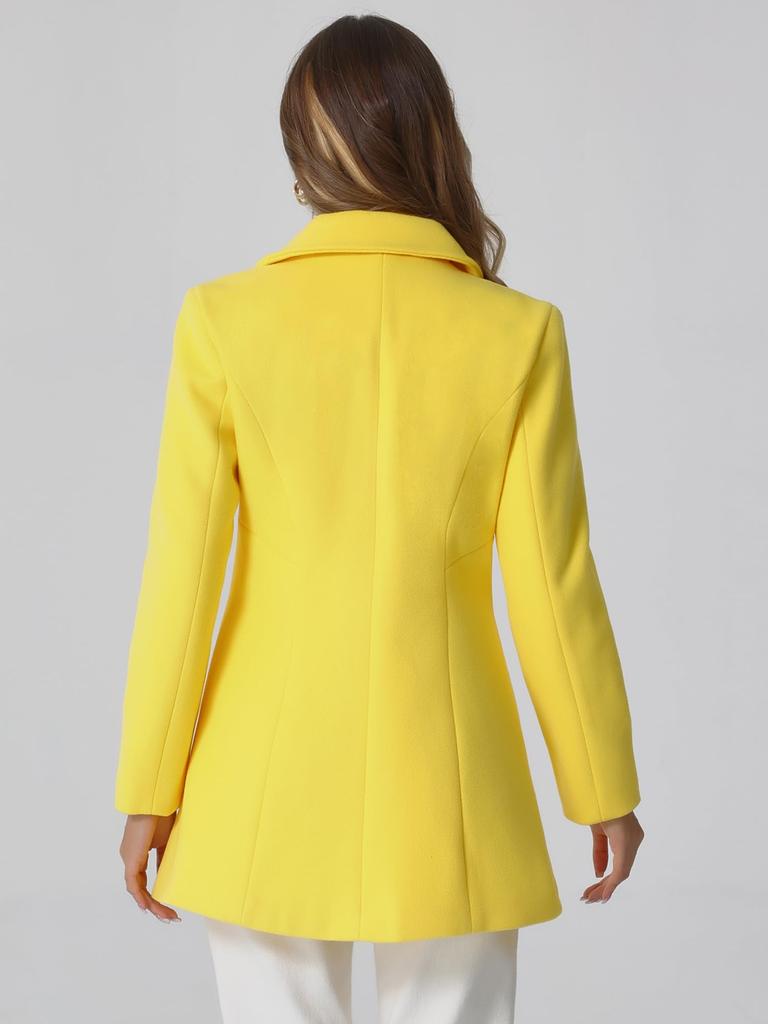 Allegra K Women's Double-Breasted Trench Coat with Round Collar, Long Sleeves, and Cold Weather Protection for Fall and Winter, Yellow, Size L