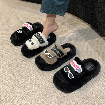 Милые удобные тапочки с рисунком для женщин 2024 года, осень-весна, новая домашняя шерстяная обувь, модные пушистые тапочки для женщин на среднем каблуке