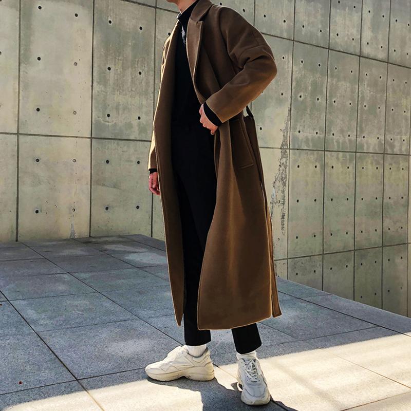 Men's Trendy Long Black Wool Blend Winter Trench Coat Overcoat with Gothic Windbreaker Design