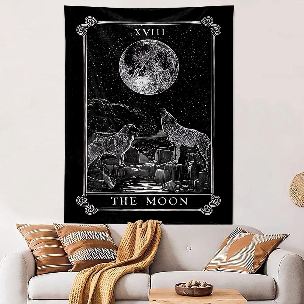 The Moon Tarot Card XVIII Tapestry Wall Hanging, Mystical Moon Card Art, Bohemian Wall Decor for Bedroom Living Room