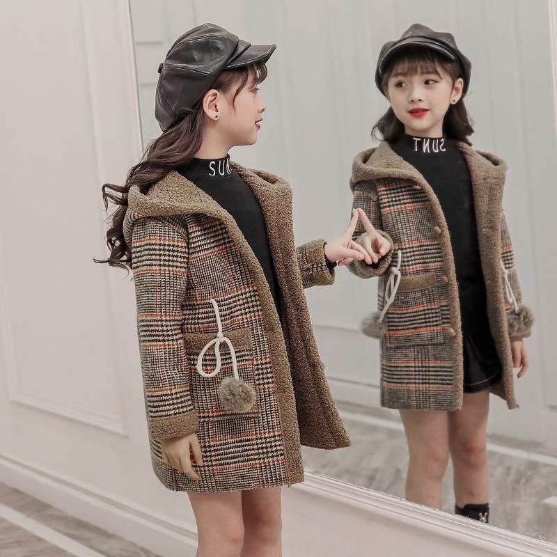 FiveFive Fashion Design Autumn Winter Parka Girl Hairy Clothes Long Woolen Coat for Kids Outerwear Grid Pattern Padded Warm Clothing