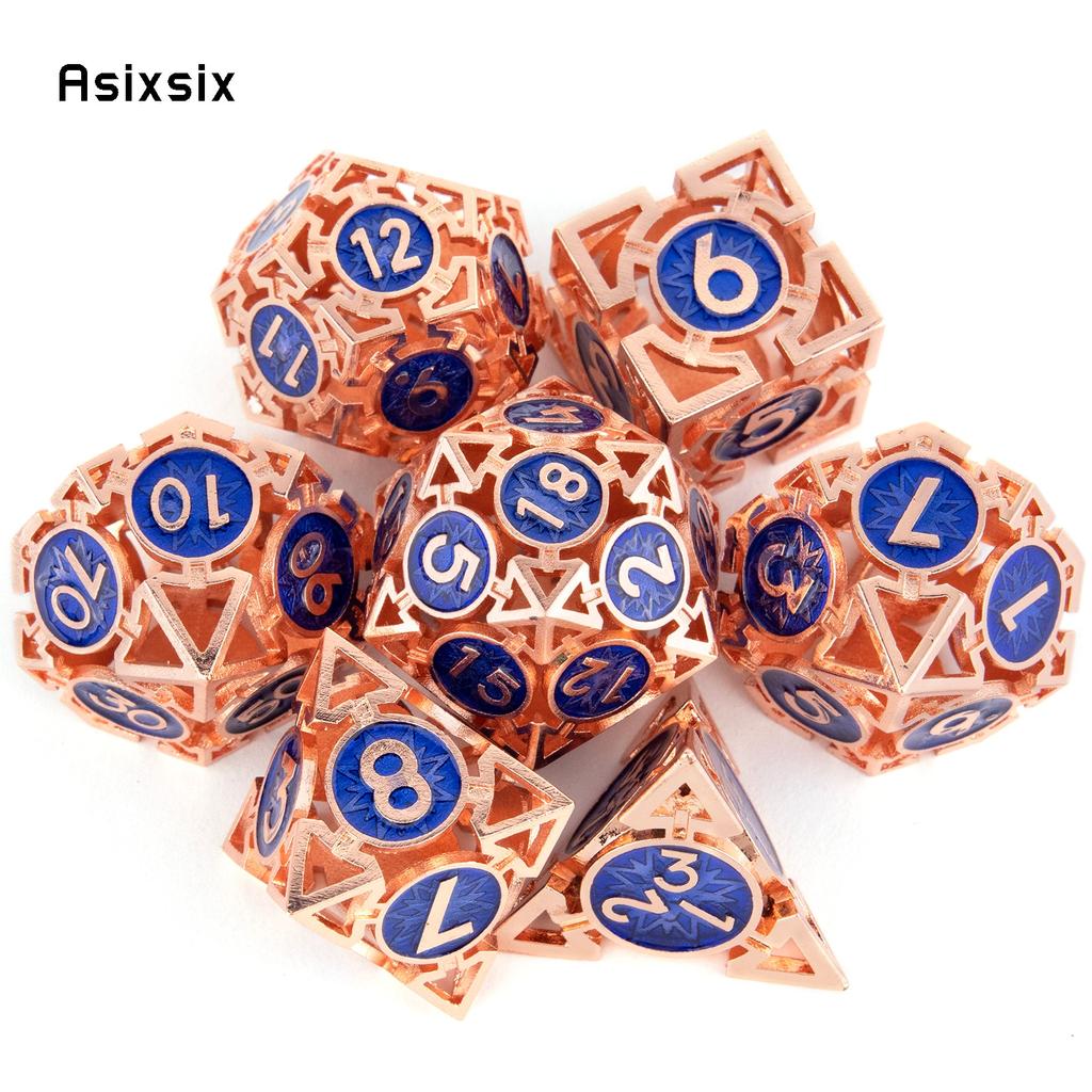 7 Pcs  Copper Blue Metal Dice Circular Hollow Metal Polyhedral Dice Set Suitable for Role-Playing RPG  Board Game Card Game
