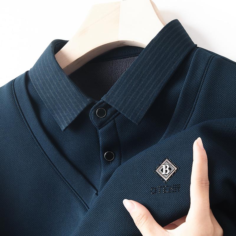 Продвинутый Роскошный Рубашечный Воротник Плюшевый Толстый Свитер Мужской Осенняя Мода Брендовая Вышивка Комплект-двойка с Имитацией Длиннорукавная Футболка