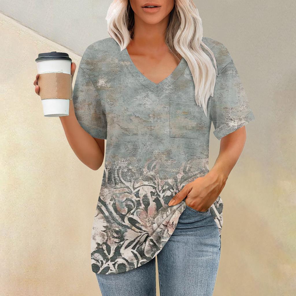 Women's Fashion Pocket V-neck Short Sleeve Plant Floral Print T-shirt Top