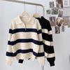 Women's Autumn and Winter Fashion Contrasting Stripe Polo Neck Zip-up Sweater Slimming and Age-reducing Design Sense Knit Top