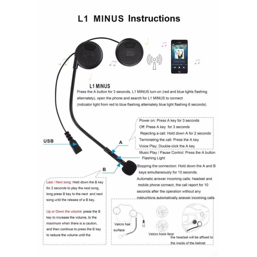 L1M Беспроводная мотоциклетная гарнитура Bluetooth для шлема Гарнитура для мобильного телефона BT Мотоциклетные наушники