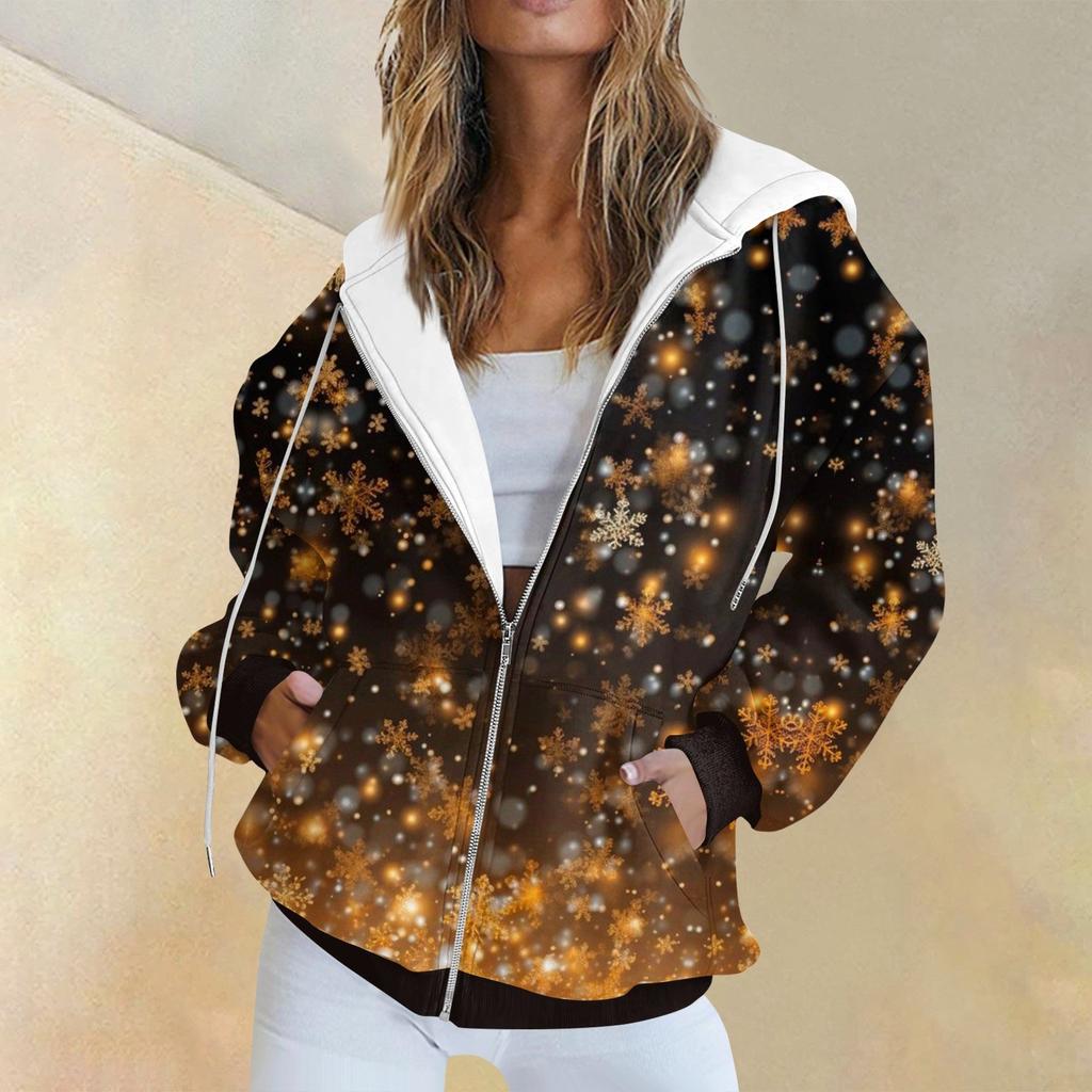 Женская модная повседневная толстовка с рождественским принтом и длинными рукавами, карманная куртка, пальто с капюшоном на молнии