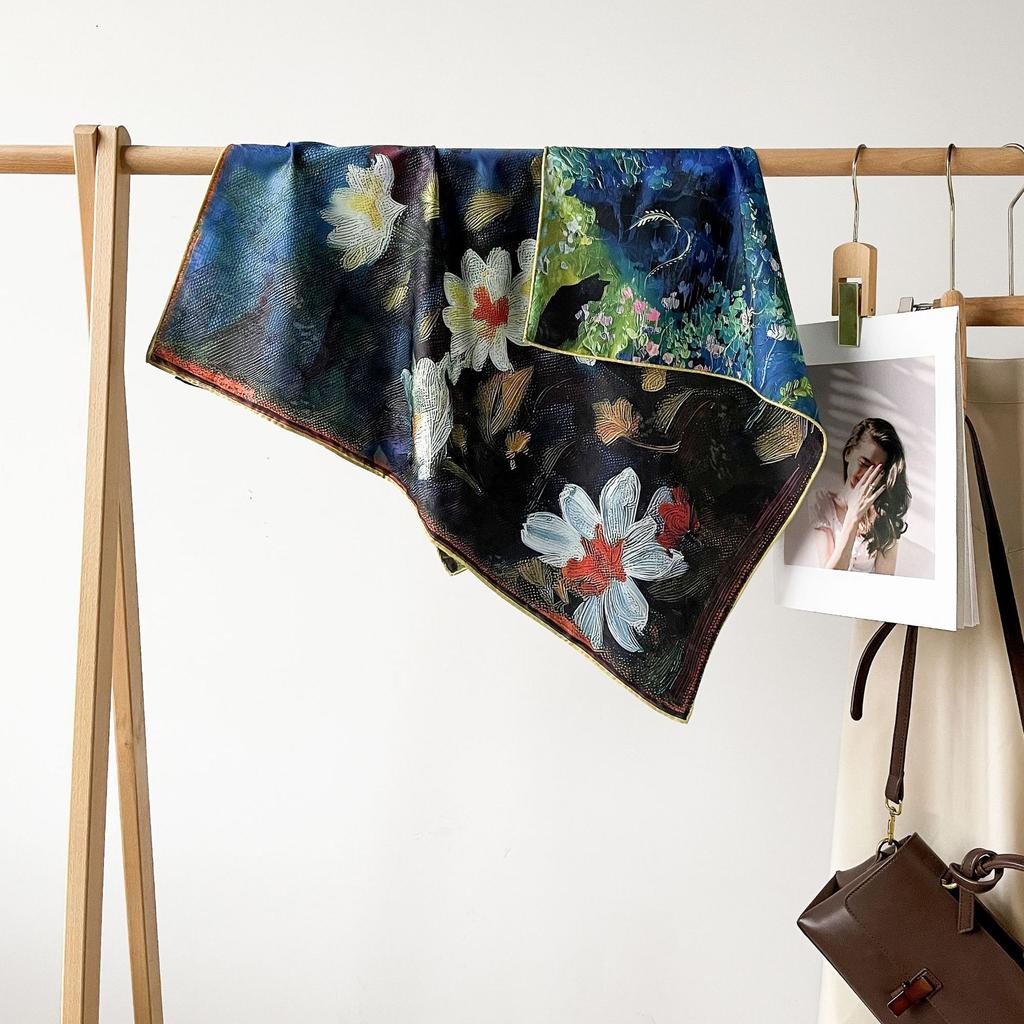 Garnish Hollow Printing Silk Scarf Mulberry Silk Scarf Double-sided Printing Square Scarf High-end Shawl for Women