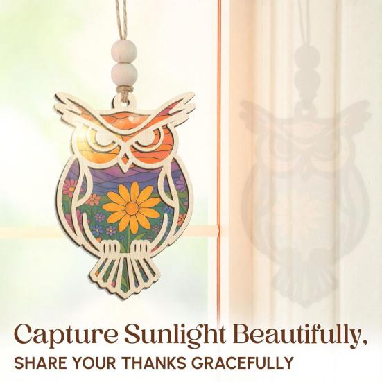 Owl Sun Catcher Natural Timber Hanging Ornament with Spiritual Meaning Card The Owl Wood Craft Wall Hanging Pendant